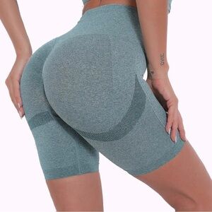 High Waist Workout Shorts Womens Biker Butt Lifting Tummy Control Ruched green